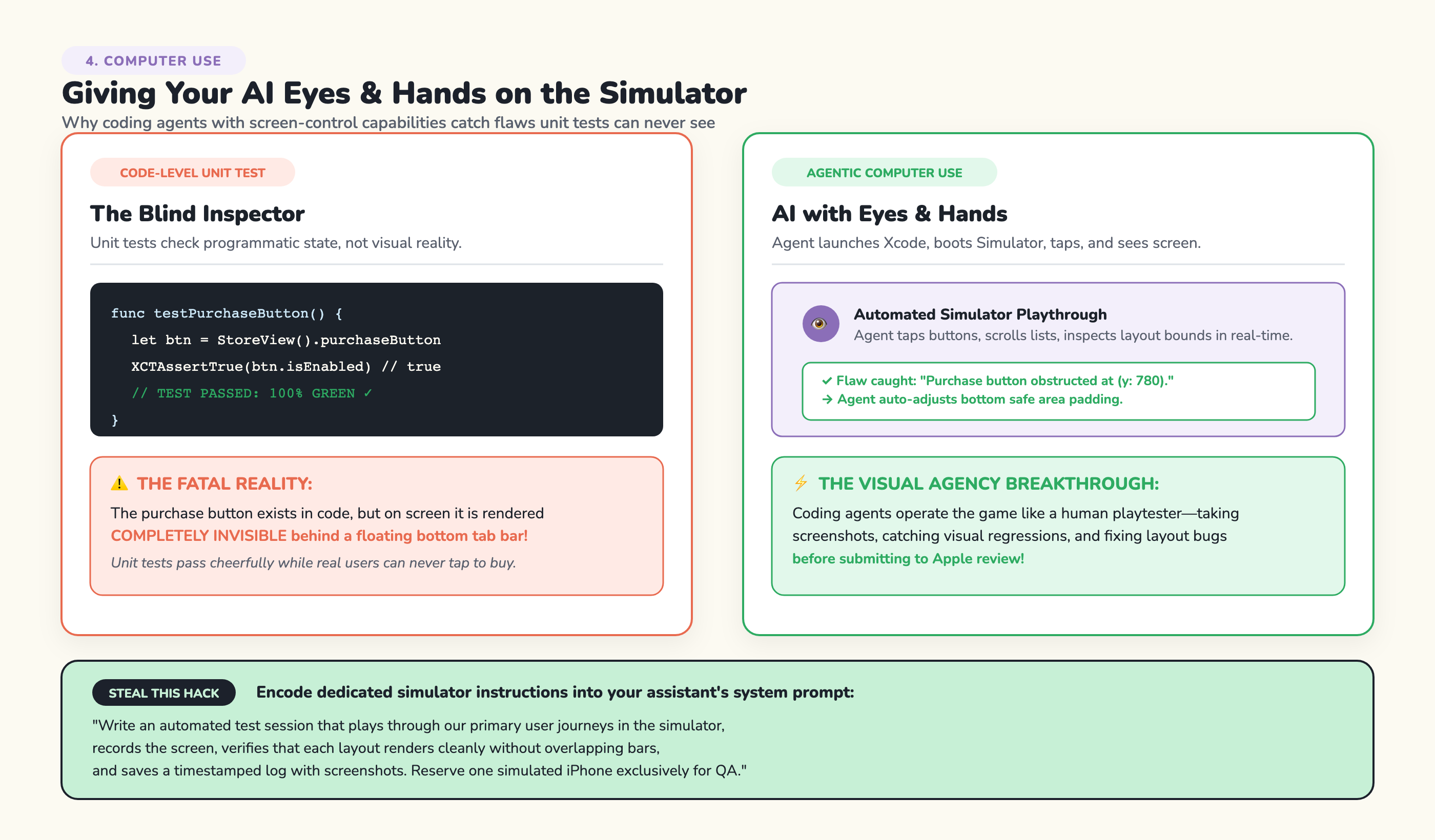 Computer Use: Unit test blindness versus AI visual agency on the simulator